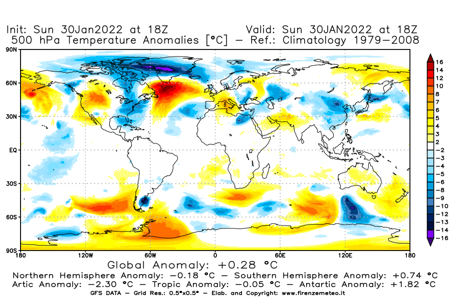 Mappa di analisi GFS - Anomalia Temperatura [°C] a 500 hPa in World
							del 30/01/2022 18 <!--googleoff: index-->UTC<!--googleon: index-->
