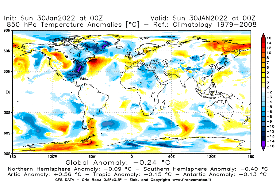 Mappa di analisi GFS - Anomalia Temperatura [°C] a 850 hPa in World
							del 30/01/2022 00 <!--googleoff: index-->UTC<!--googleon: index-->