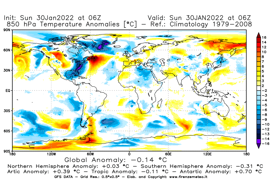 Mappa di analisi GFS - Anomalia Temperatura [°C] a 850 hPa in World
							del 30/01/2022 06 <!--googleoff: index-->UTC<!--googleon: index-->