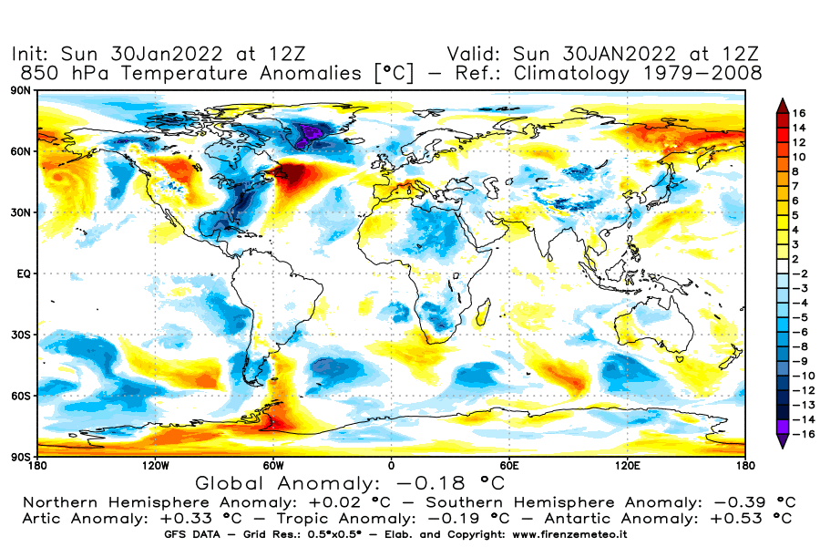 Mappa di analisi GFS - Anomalia Temperatura [°C] a 850 hPa in World
							del 30/01/2022 12 <!--googleoff: index-->UTC<!--googleon: index-->