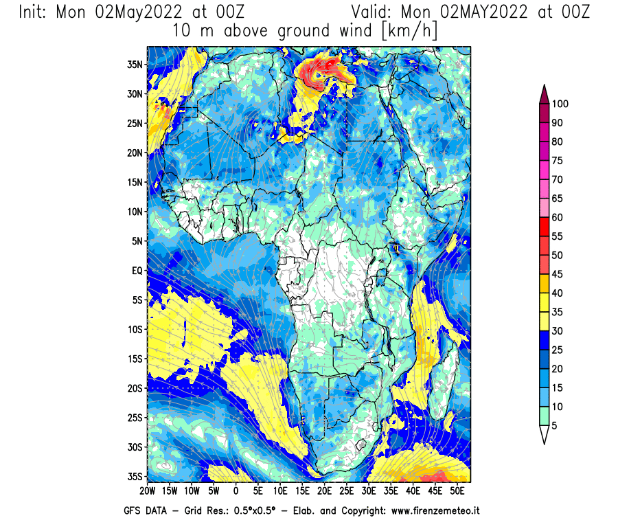 Mappa di analisi GFS - Velocità del vento a 10 metri dal suolo [km/h] in Africa
									del 02/05/2022 00 <!--googleoff: index-->UTC<!--googleon: index-->