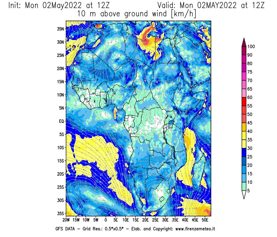 Mappa di analisi GFS - Velocità del vento a 10 metri dal suolo [km/h] in Africa
									del 02/05/2022 12 <!--googleoff: index-->UTC<!--googleon: index-->