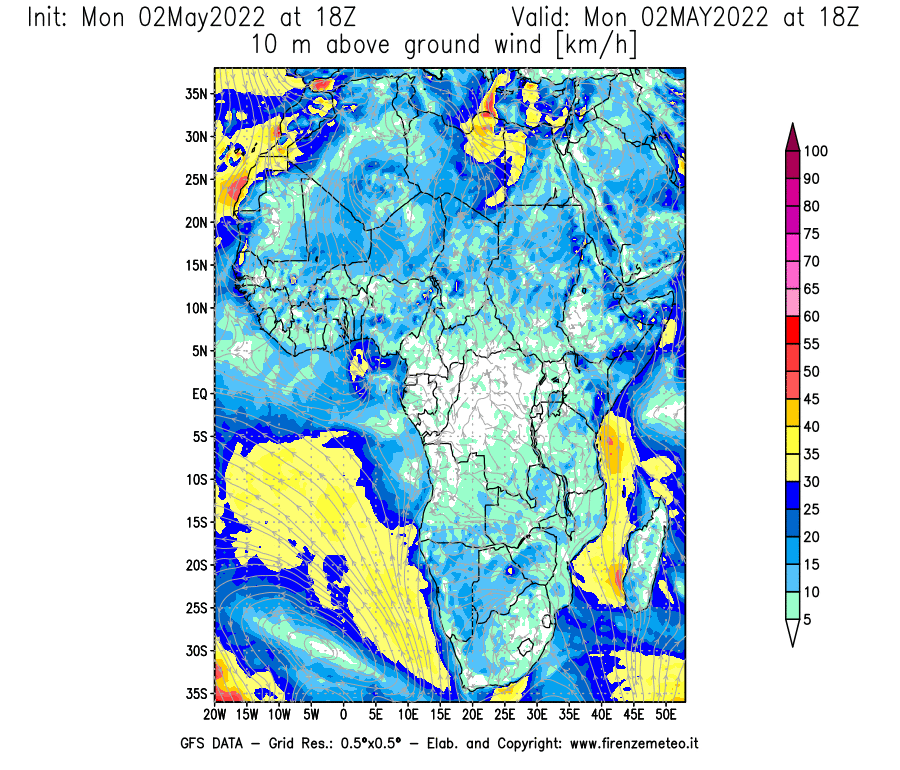 Mappa di analisi GFS - Velocità del vento a 10 metri dal suolo [km/h] in Africa
									del 02/05/2022 18 <!--googleoff: index-->UTC<!--googleon: index-->