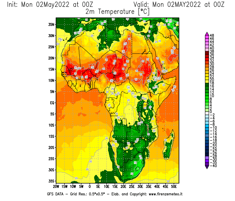 Mappa di analisi GFS - Temperatura a 2 metri dal suolo [°C] in Africa
									del 02/05/2022 00 <!--googleoff: index-->UTC<!--googleon: index-->