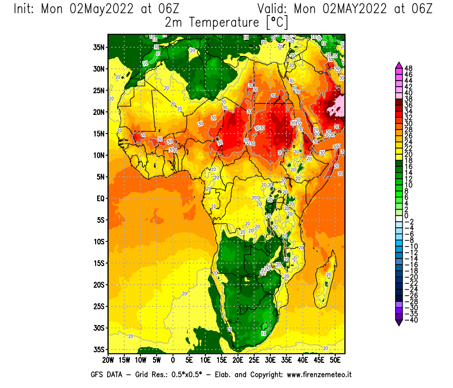 Mappa di analisi GFS - Temperatura a 2 metri dal suolo [°C] in Africa
									del 02/05/2022 06 <!--googleoff: index-->UTC<!--googleon: index-->