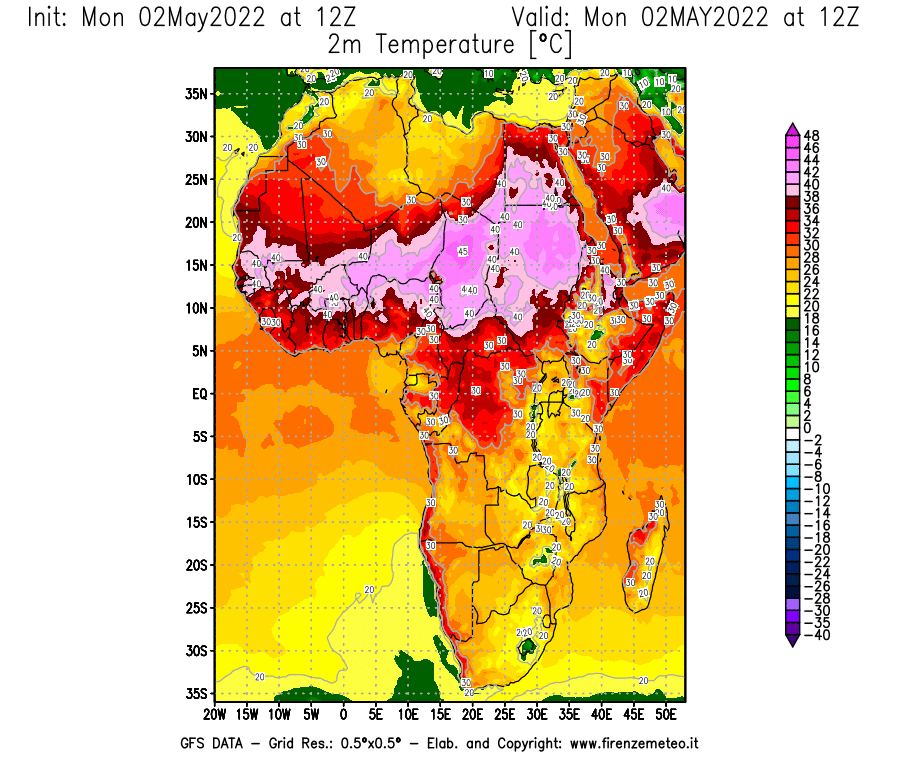 Mappa di analisi GFS - Temperatura a 2 metri dal suolo [°C] in Africa
									del 02/05/2022 12 <!--googleoff: index-->UTC<!--googleon: index-->