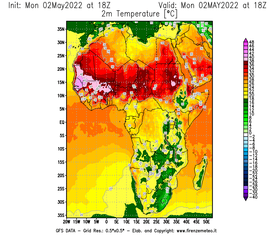 Mappa di analisi GFS - Temperatura a 2 metri dal suolo [°C] in Africa
									del 02/05/2022 18 <!--googleoff: index-->UTC<!--googleon: index-->
