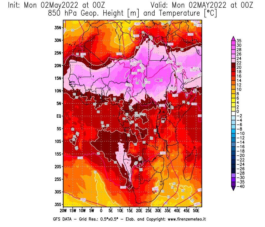Mappa di analisi GFS - Geopotenziale [m] e Temperatura [°C] a 850 hPa in Africa
									del 02/05/2022 00 <!--googleoff: index-->UTC<!--googleon: index-->
