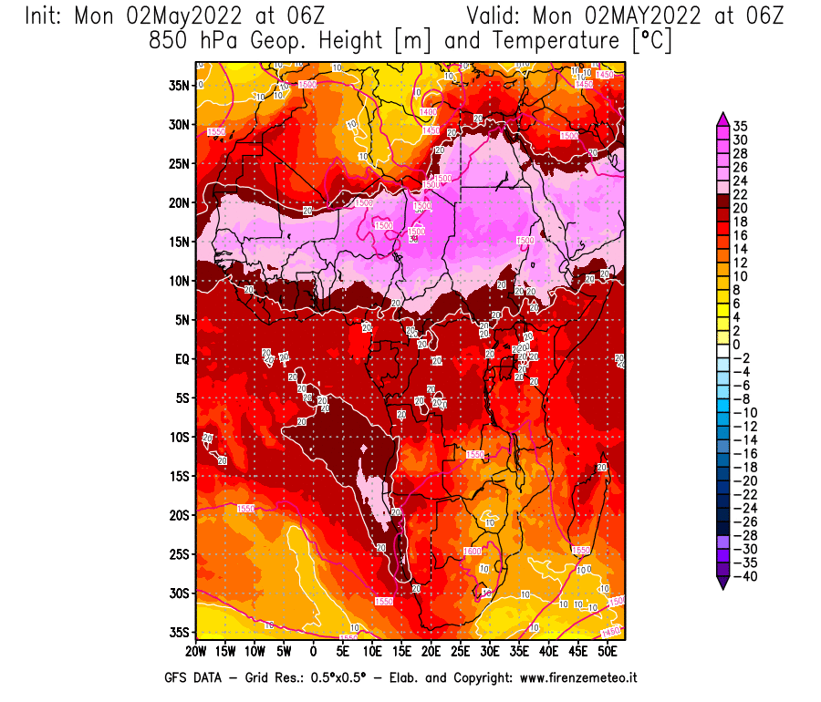 Mappa di analisi GFS - Geopotenziale [m] e Temperatura [°C] a 850 hPa in Africa
									del 02/05/2022 06 <!--googleoff: index-->UTC<!--googleon: index-->