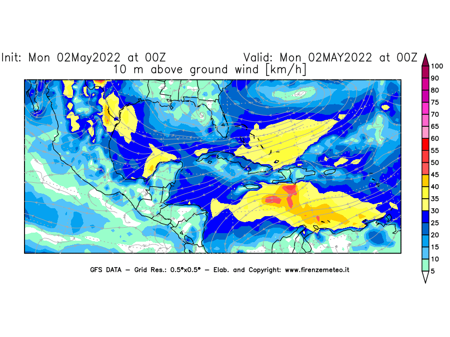 Mappa di analisi GFS - Velocità del vento a 10 metri dal suolo [km/h] in Centro-America
									del 02/05/2022 00 <!--googleoff: index-->UTC<!--googleon: index-->