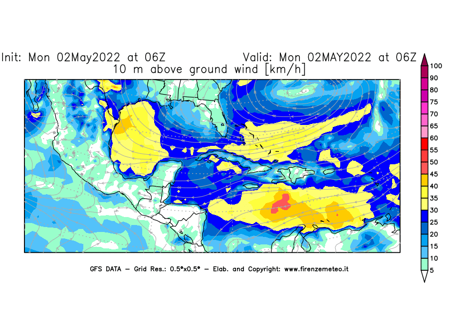 Mappa di analisi GFS - Velocità del vento a 10 metri dal suolo [km/h] in Centro-America
									del 02/05/2022 06 <!--googleoff: index-->UTC<!--googleon: index-->
