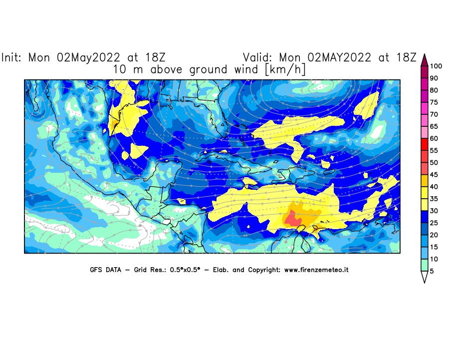 Mappa di analisi GFS - Velocità del vento a 10 metri dal suolo [km/h] in Centro-America
									del 02/05/2022 18 <!--googleoff: index-->UTC<!--googleon: index-->