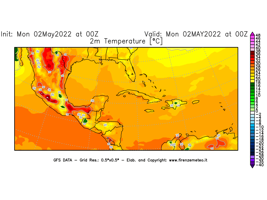 Mappa di analisi GFS - Temperatura a 2 metri dal suolo [°C] in Centro-America
									del 02/05/2022 00 <!--googleoff: index-->UTC<!--googleon: index-->