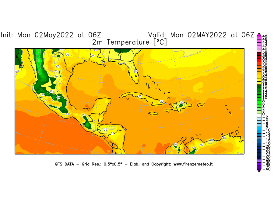 Mappa di analisi GFS - Temperatura a 2 metri dal suolo [°C] in Centro-America
									del 02/05/2022 06 <!--googleoff: index-->UTC<!--googleon: index-->