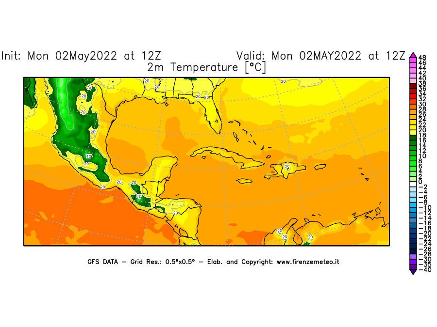 Mappa di analisi GFS - Temperatura a 2 metri dal suolo [°C] in Centro-America
									del 02/05/2022 12 <!--googleoff: index-->UTC<!--googleon: index-->