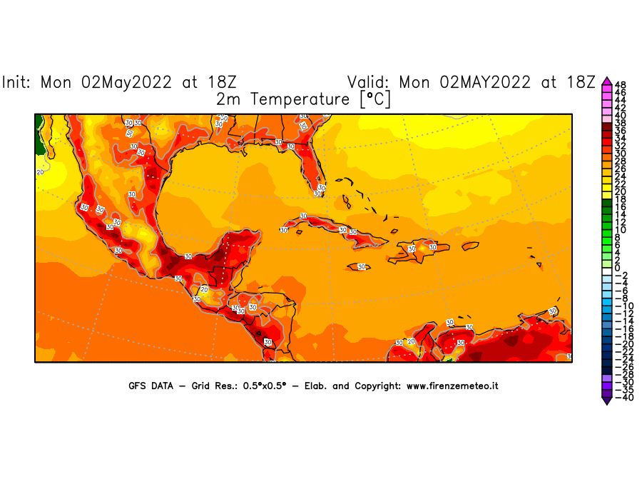 Mappa di analisi GFS - Temperatura a 2 metri dal suolo [°C] in Centro-America
									del 02/05/2022 18 <!--googleoff: index-->UTC<!--googleon: index-->