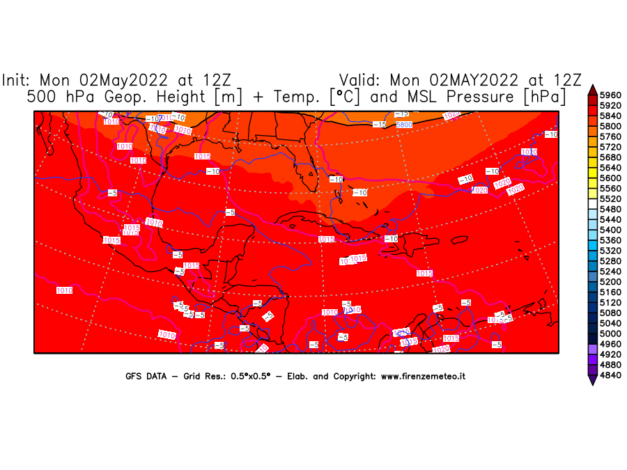Mappa di analisi GFS - Geopotenziale [m] + Temp. [°C] a 500 hPa + Press. a livello del mare [hPa] in Centro-America
									del 02/05/2022 12 <!--googleoff: index-->UTC<!--googleon: index-->