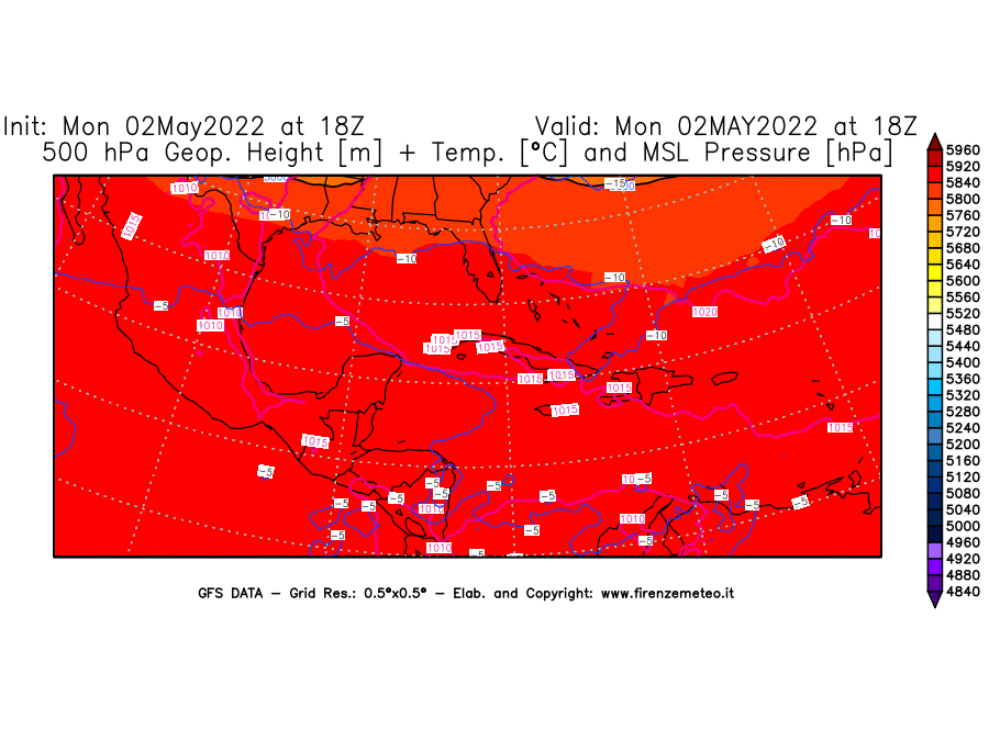 Mappa di analisi GFS - Geopotenziale [m] + Temp. [°C] a 500 hPa + Press. a livello del mare [hPa] in Centro-America
									del 02/05/2022 18 <!--googleoff: index-->UTC<!--googleon: index-->