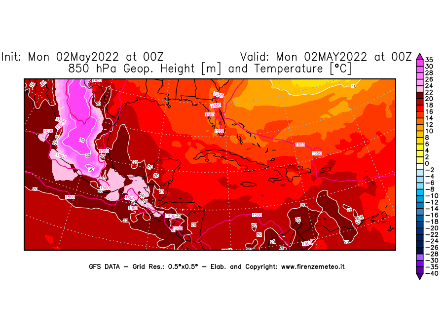 Mappa di analisi GFS - Geopotenziale [m] e Temperatura [°C] a 850 hPa in Centro-America
									del 02/05/2022 00 <!--googleoff: index-->UTC<!--googleon: index-->