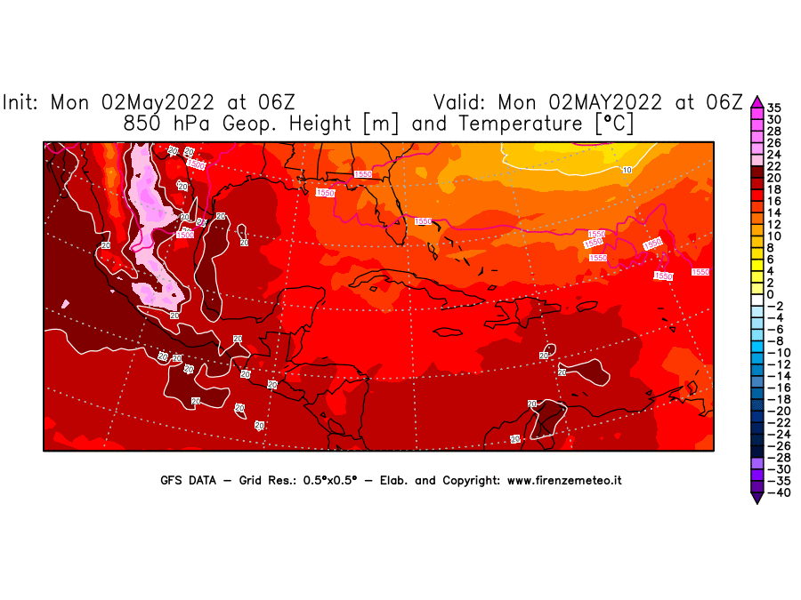 Mappa di analisi GFS - Geopotenziale [m] e Temperatura [°C] a 850 hPa in Centro-America
									del 02/05/2022 06 <!--googleoff: index-->UTC<!--googleon: index-->