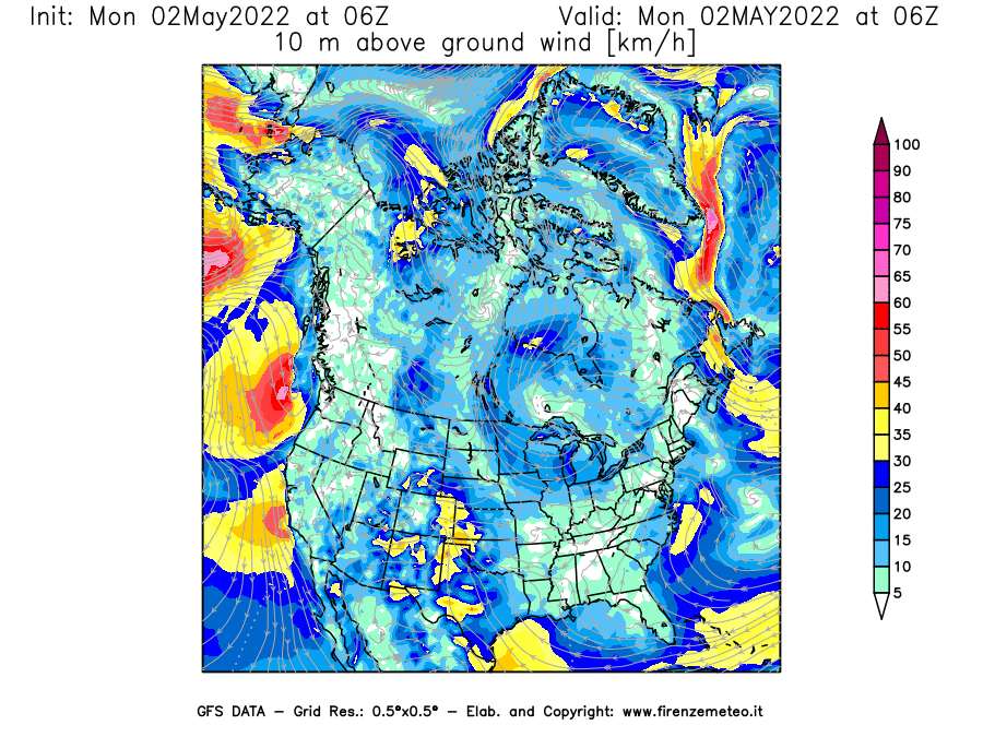 Mappa di analisi GFS - Velocità del vento a 10 metri dal suolo [km/h] in Nord-America
									del 02/05/2022 06 <!--googleoff: index-->UTC<!--googleon: index-->