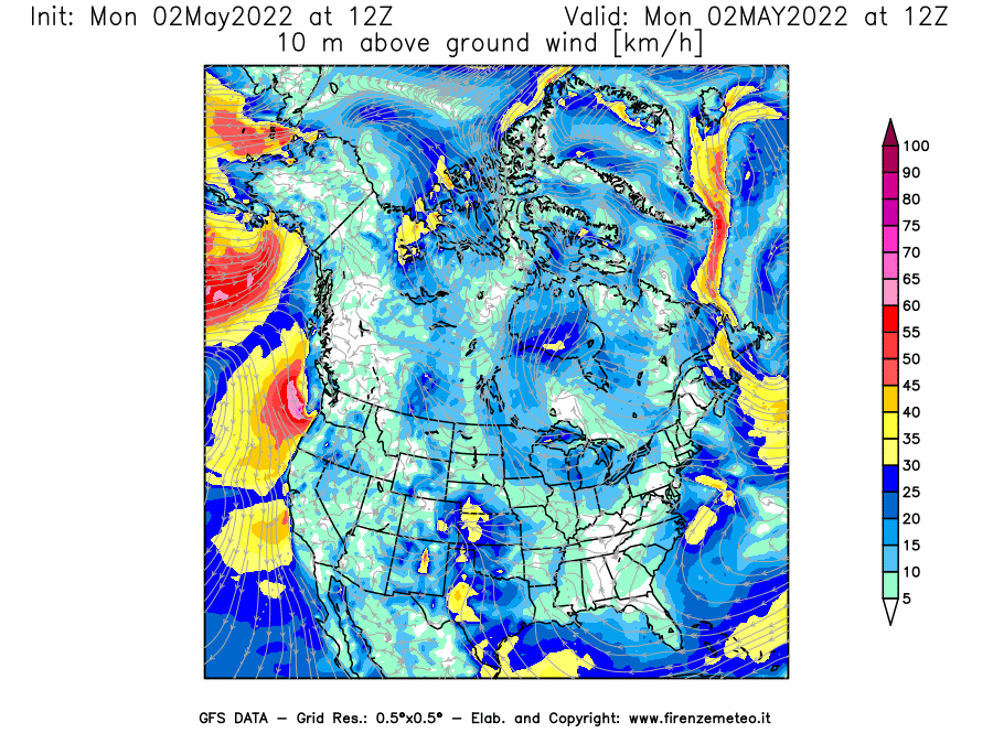 Mappa di analisi GFS - Velocità del vento a 10 metri dal suolo [km/h] in Nord-America
									del 02/05/2022 12 <!--googleoff: index-->UTC<!--googleon: index-->
