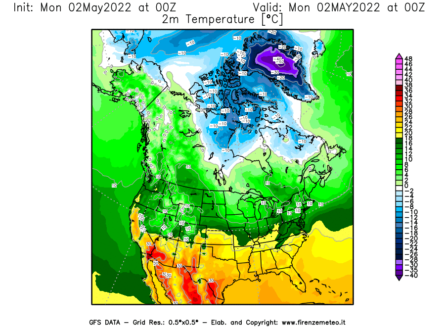 Mappa di analisi GFS - Temperatura a 2 metri dal suolo [°C] in Nord-America
									del 02/05/2022 00 <!--googleoff: index-->UTC<!--googleon: index-->