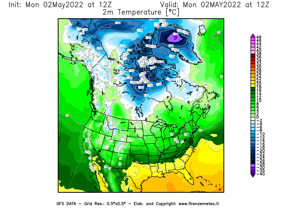 Mappa di analisi GFS - Temperatura a 2 metri dal suolo [°C] in Nord-America
									del 02/05/2022 12 <!--googleoff: index-->UTC<!--googleon: index-->