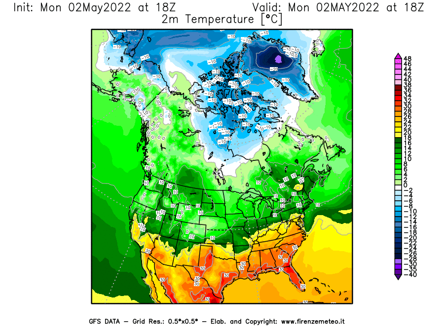 Mappa di analisi GFS - Temperatura a 2 metri dal suolo [°C] in Nord-America
									del 02/05/2022 18 <!--googleoff: index-->UTC<!--googleon: index-->