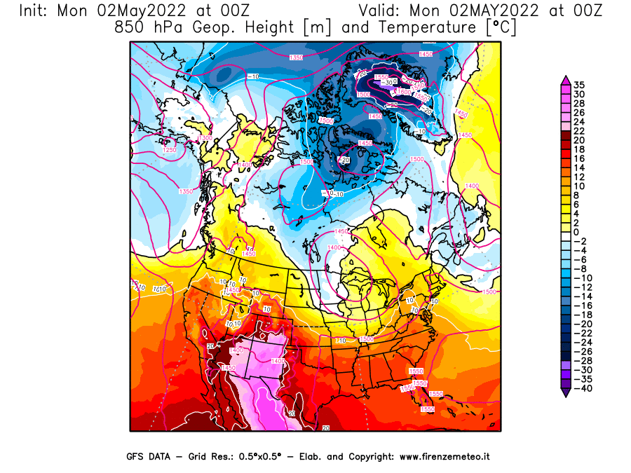 Mappa di analisi GFS - Geopotenziale [m] e Temperatura [°C] a 850 hPa in Nord-America
									del 02/05/2022 00 <!--googleoff: index-->UTC<!--googleon: index-->