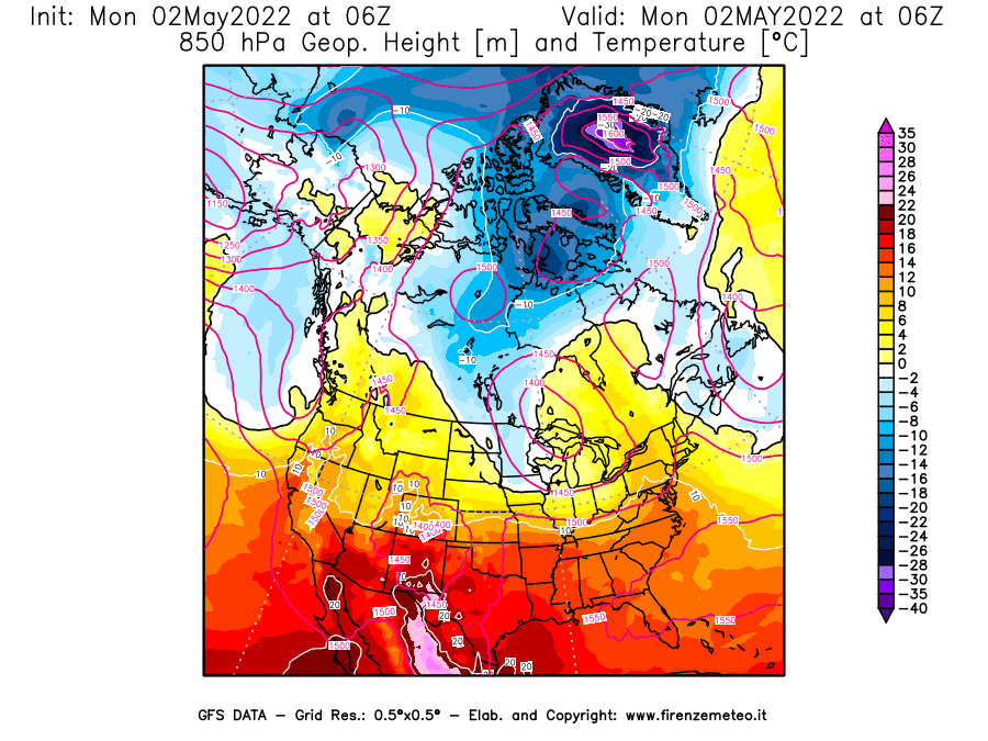 Mappa di analisi GFS - Geopotenziale [m] e Temperatura [°C] a 850 hPa in Nord-America
									del 02/05/2022 06 <!--googleoff: index-->UTC<!--googleon: index-->