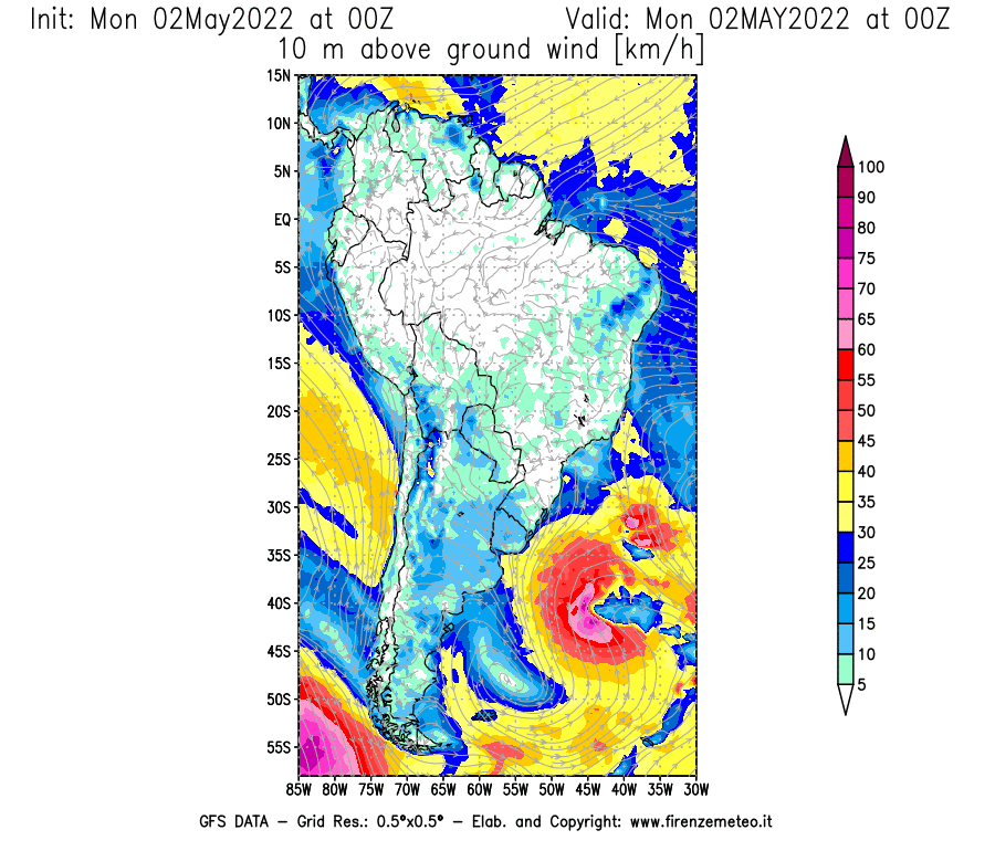 Mappa di analisi GFS - Velocità del vento a 10 metri dal suolo [km/h] in Sud-America
									del 02/05/2022 00 <!--googleoff: index-->UTC<!--googleon: index-->