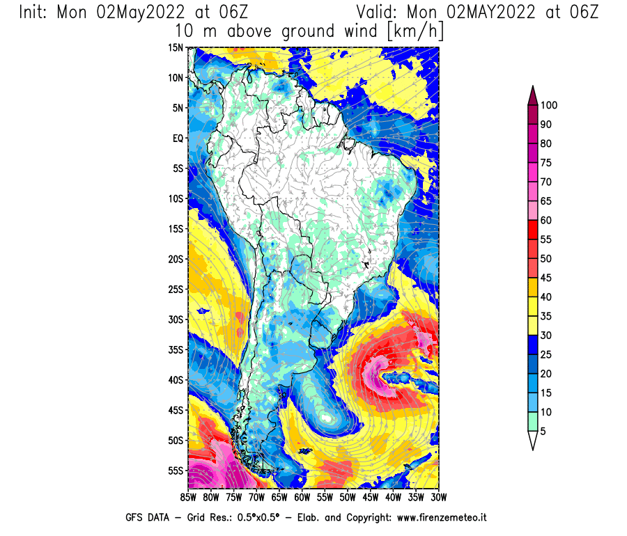 Mappa di analisi GFS - Velocità del vento a 10 metri dal suolo [km/h] in Sud-America
									del 02/05/2022 06 <!--googleoff: index-->UTC<!--googleon: index-->