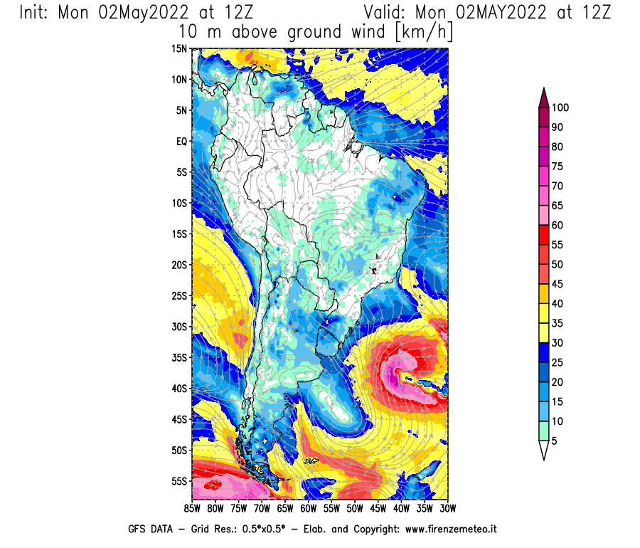 Mappa di analisi GFS - Velocità del vento a 10 metri dal suolo [km/h] in Sud-America
									del 02/05/2022 12 <!--googleoff: index-->UTC<!--googleon: index-->