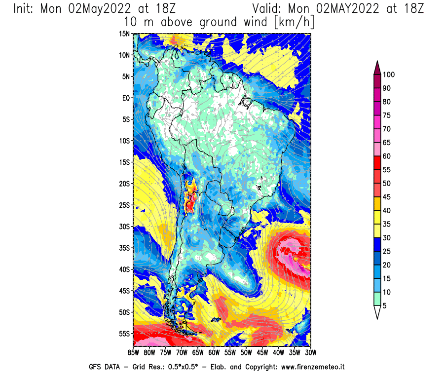 Mappa di analisi GFS - Velocità del vento a 10 metri dal suolo [km/h] in Sud-America
									del 02/05/2022 18 <!--googleoff: index-->UTC<!--googleon: index-->
