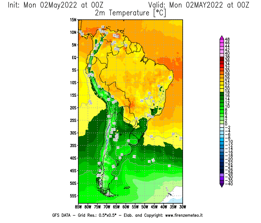 Mappa di analisi GFS - Temperatura a 2 metri dal suolo [°C] in Sud-America
									del 02/05/2022 00 <!--googleoff: index-->UTC<!--googleon: index-->