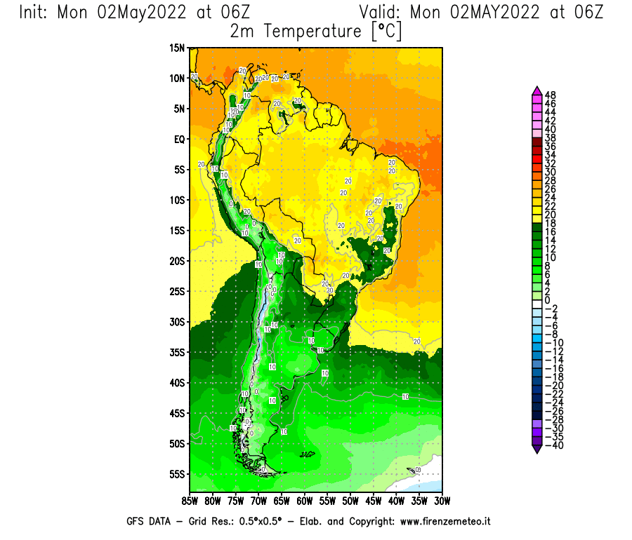 Mappa di analisi GFS - Temperatura a 2 metri dal suolo [°C] in Sud-America
									del 02/05/2022 06 <!--googleoff: index-->UTC<!--googleon: index-->