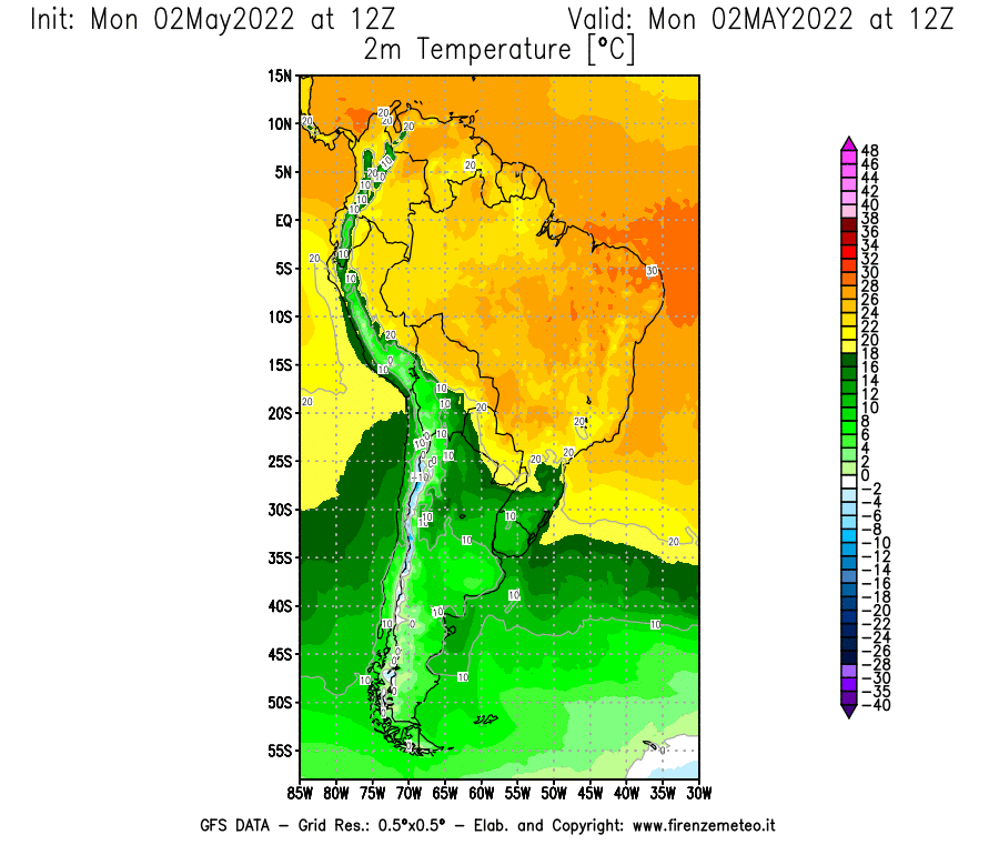 Mappa di analisi GFS - Temperatura a 2 metri dal suolo [°C] in Sud-America
									del 02/05/2022 12 <!--googleoff: index-->UTC<!--googleon: index-->