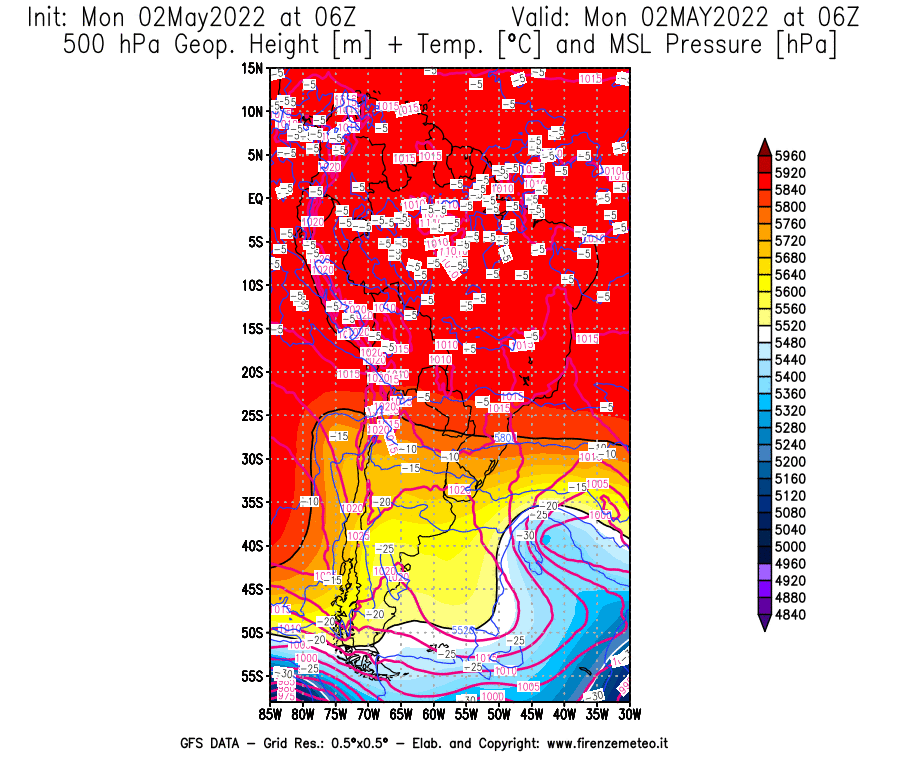 Mappa di analisi GFS - Geopotenziale [m] + Temp. [°C] a 500 hPa + Press. a livello del mare [hPa] in Sud-America
									del 02/05/2022 06 <!--googleoff: index-->UTC<!--googleon: index-->