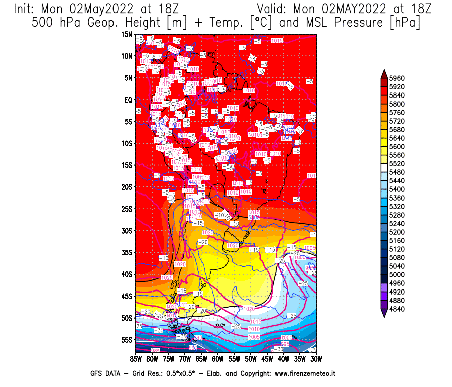 Mappa di analisi GFS - Geopotenziale [m] + Temp. [°C] a 500 hPa + Press. a livello del mare [hPa] in Sud-America
									del 02/05/2022 18 <!--googleoff: index-->UTC<!--googleon: index-->