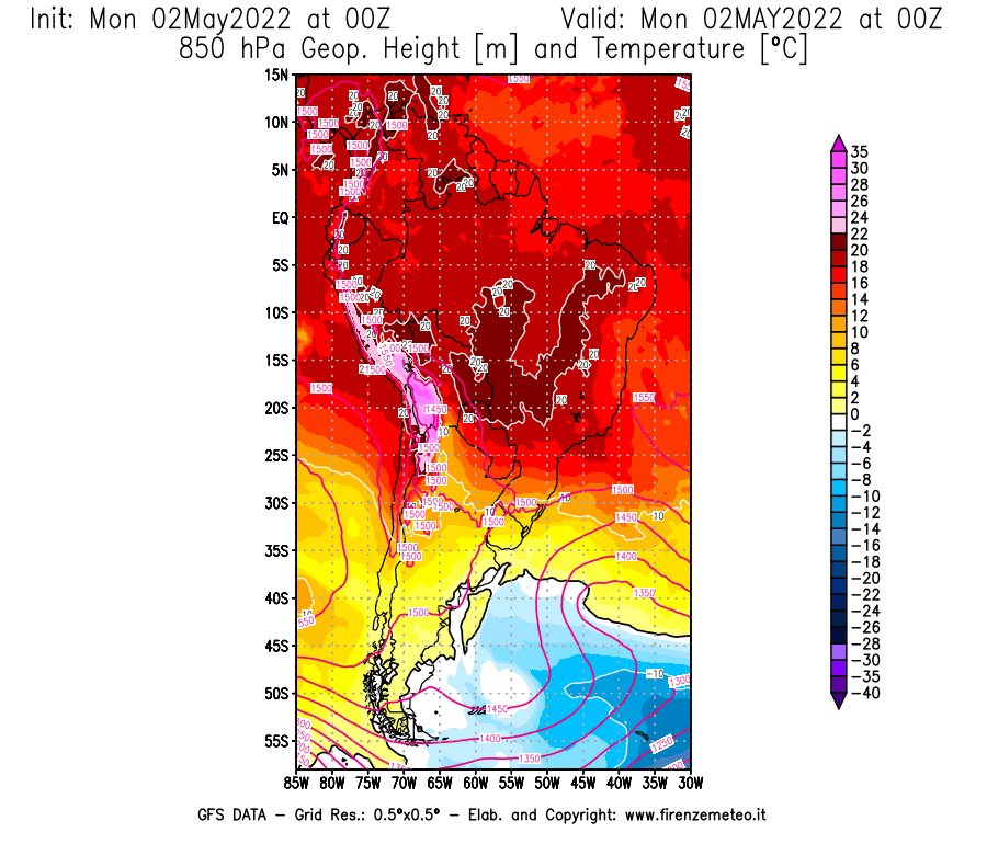 Mappa di analisi GFS - Geopotenziale [m] e Temperatura [°C] a 850 hPa in Sud-America
									del 02/05/2022 00 <!--googleoff: index-->UTC<!--googleon: index-->