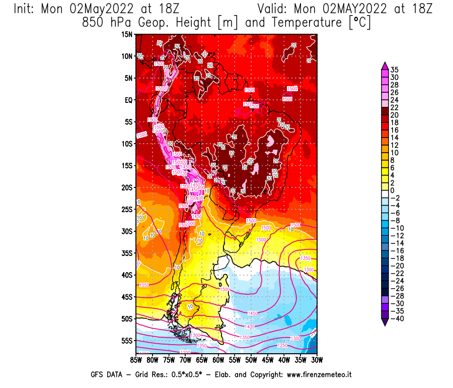 Mappa di analisi GFS - Geopotenziale [m] e Temperatura [°C] a 850 hPa in Sud-America
									del 02/05/2022 18 <!--googleoff: index-->UTC<!--googleon: index-->