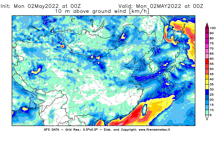 Mappa di analisi GFS - Velocità del vento a 10 metri dal suolo [km/h] in Asia Orientale
									del 02/05/2022 00 <!--googleoff: index-->UTC<!--googleon: index-->