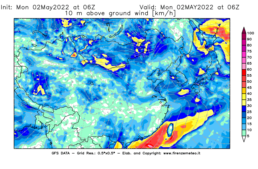 Mappa di analisi GFS - Velocità del vento a 10 metri dal suolo [km/h] in Asia Orientale
									del 02/05/2022 06 <!--googleoff: index-->UTC<!--googleon: index-->