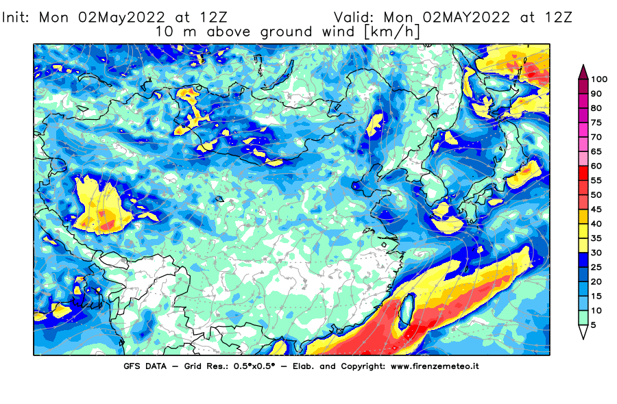 Mappa di analisi GFS - Velocità del vento a 10 metri dal suolo [km/h] in Asia Orientale
									del 02/05/2022 12 <!--googleoff: index-->UTC<!--googleon: index-->