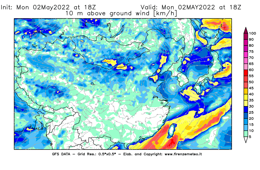 Mappa di analisi GFS - Velocità del vento a 10 metri dal suolo [km/h] in Asia Orientale
									del 02/05/2022 18 <!--googleoff: index-->UTC<!--googleon: index-->