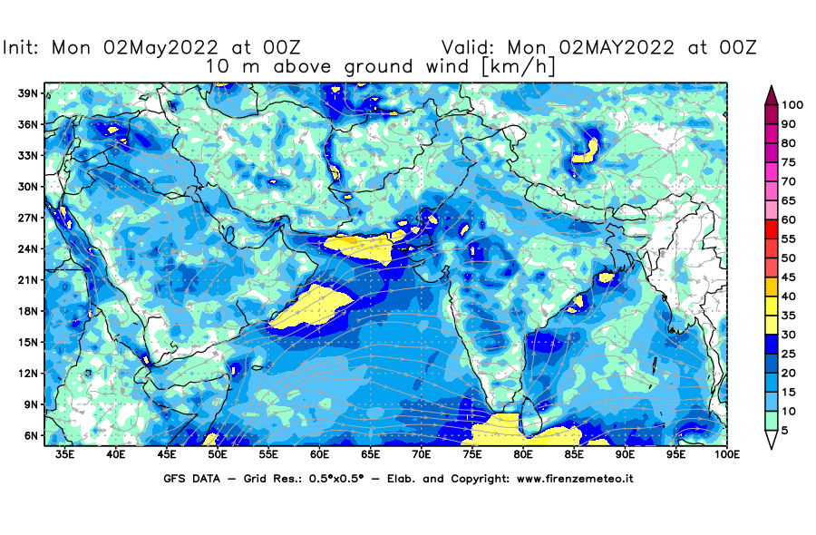 Mappa di analisi GFS - Velocità del vento a 10 metri dal suolo [km/h] in Asia Sud-Occidentale
									del 02/05/2022 00 <!--googleoff: index-->UTC<!--googleon: index-->