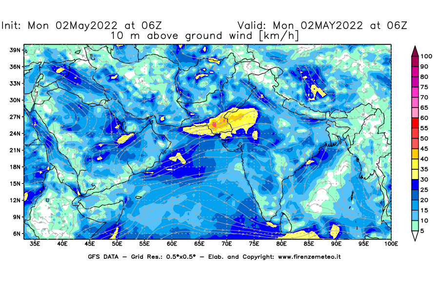 Mappa di analisi GFS - Velocità del vento a 10 metri dal suolo [km/h] in Asia Sud-Occidentale
									del 02/05/2022 06 <!--googleoff: index-->UTC<!--googleon: index-->
