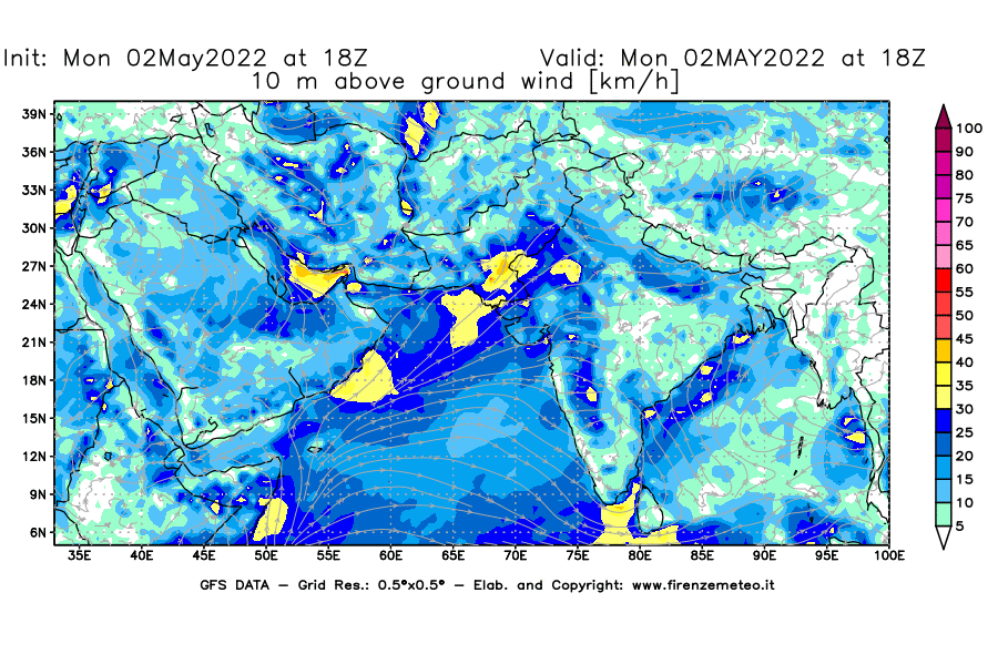 Mappa di analisi GFS - Velocità del vento a 10 metri dal suolo [km/h] in Asia Sud-Occidentale
									del 02/05/2022 18 <!--googleoff: index-->UTC<!--googleon: index-->
