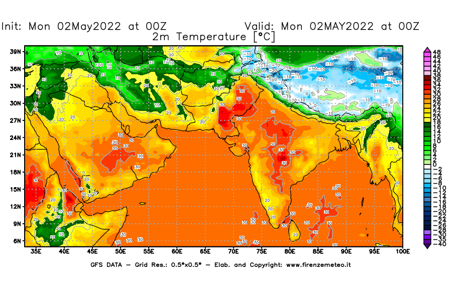 Mappa di analisi GFS - Temperatura a 2 metri dal suolo [°C] in Asia Sud-Occidentale
									del 02/05/2022 00 <!--googleoff: index-->UTC<!--googleon: index-->